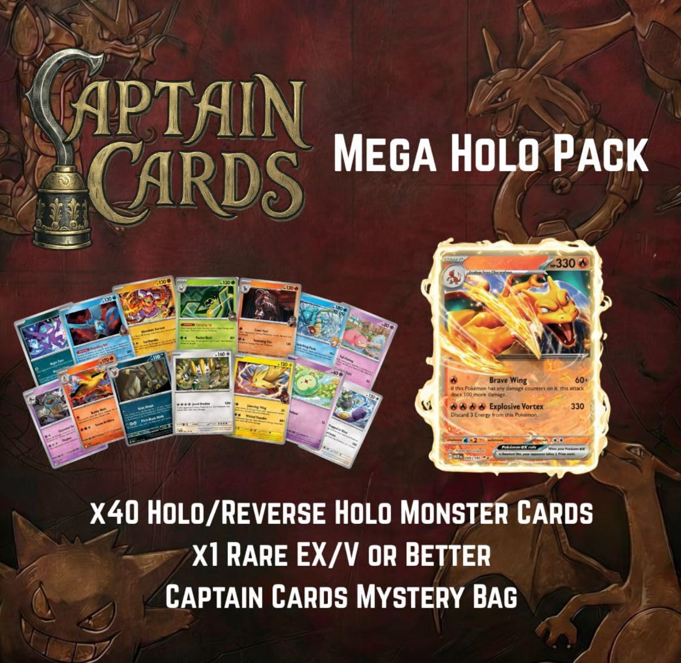 Mega Holo Pokémon Mystery Pack, 40 Holo or Reverse Holo Cards, 1 Rare EX V or Better, Trading Card Collectible bundle authentic Pokémon cards