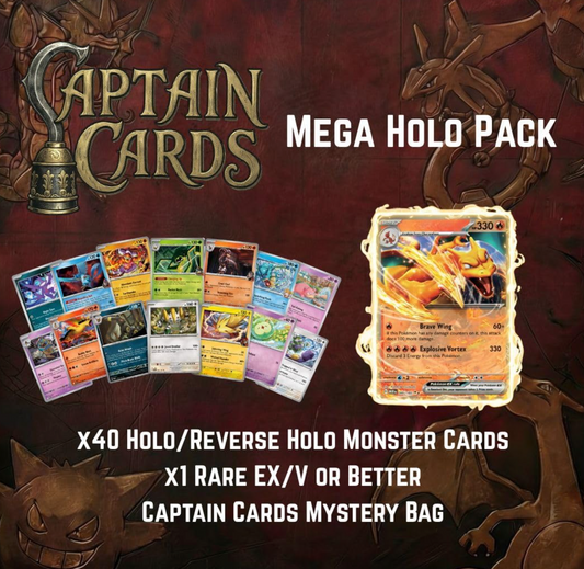Mega Holo Pokémon Mystery Pack, 40 Holo or Reverse Holo Cards, 1 Rare EX V or Better, Trading Card Collectible bundle authentic Pokémon cards