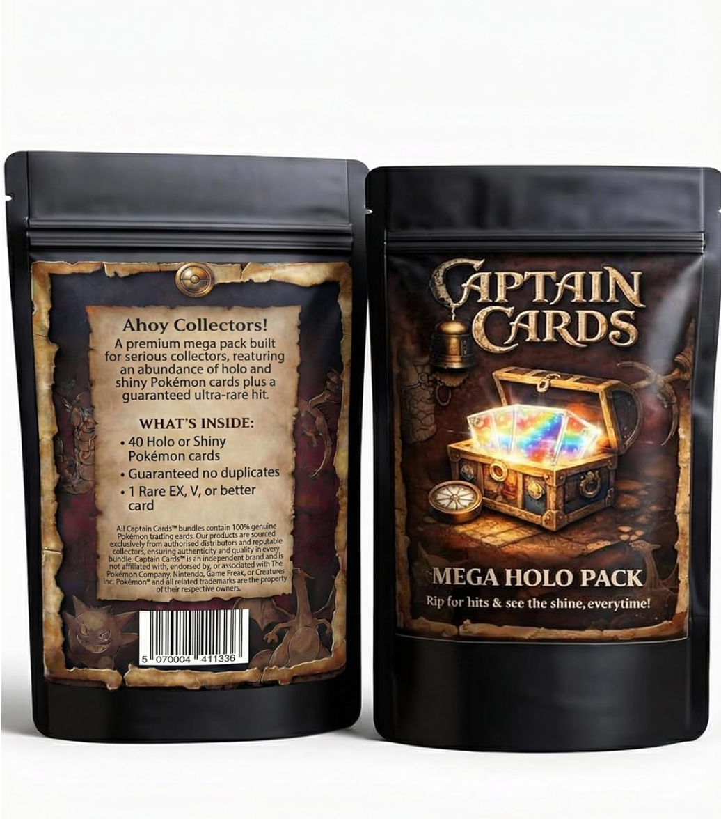 Mega Holo Pokémon Mystery Pack, 40 Holo or Reverse Holo Cards, 1 Rare EX V or Better, Trading Card Collectible bundle authentic Pokémon cards