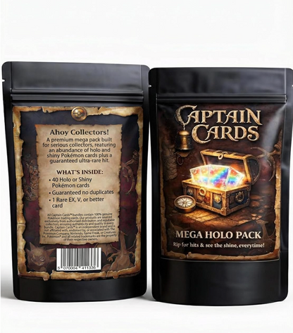 Mega Holo Pokémon Mystery Pack, 40 Holo or Reverse Holo Cards, 1 Rare EX V or Better, Trading Card Collectible bundle authentic Pokémon cards