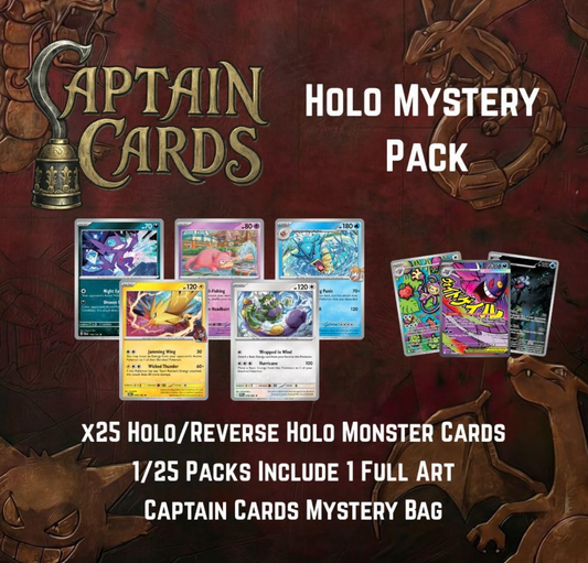Captain Cards Holo Pokémon Mystery Pack, 25 Genuine Holo and Reverse Holo Monster Cards, No Duplicates, Collectors Bundle