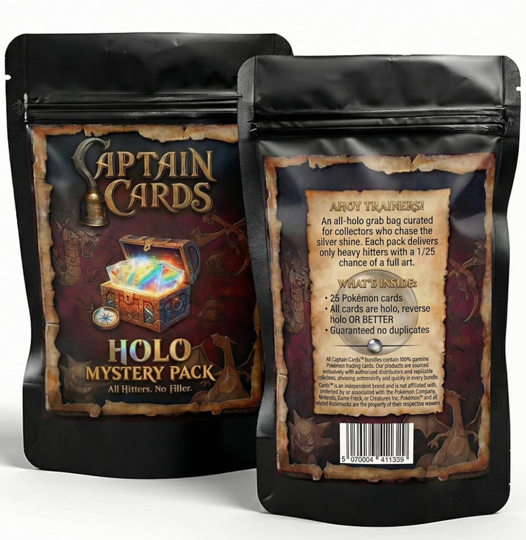 Captain Cards Holo Pokémon Mystery Pack, 25 Genuine Holo and Reverse Holo Monster Cards, No Duplicates, Collectors Bundle