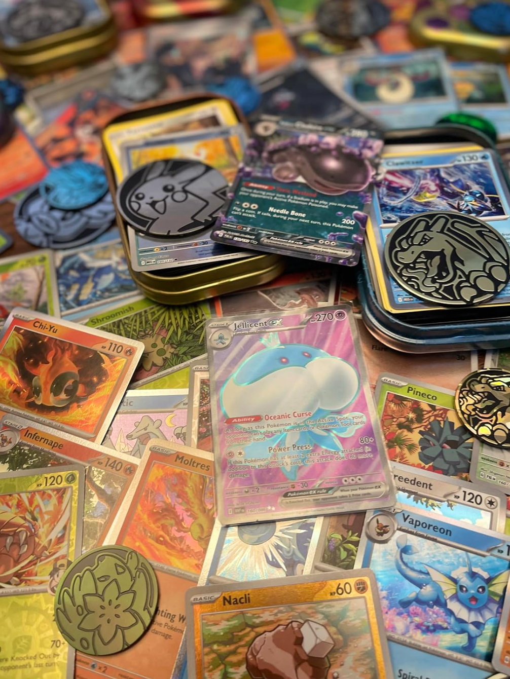 Mini Tin Mystery Bundle, Pokémon TCG Mystery Pack with Official Mini Tin, 40 Common & Uncommon Cards, 10 Holo Cards, 1 Rare EX/V or Better, Game Coin, Collector Gift Set