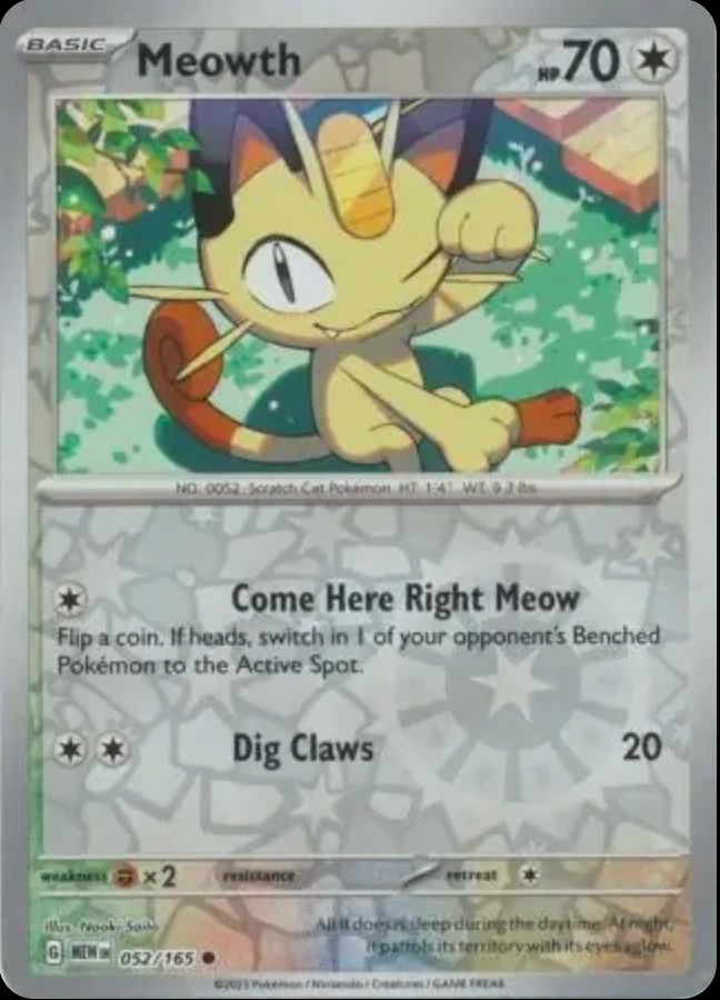 Pokémon TCG Meowth 052/165 Reverse Holo – English 151 (MEW) – Near Mint